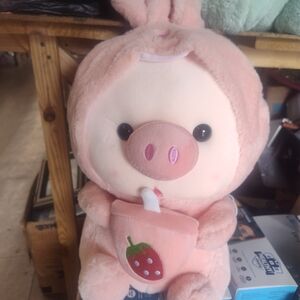 Pink Pig Plush with Strawberry Cup